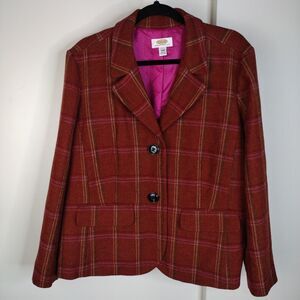 Vtg Talbots Wool Blazer Jacket Peplum Plaid Plus Sz 20W Petite Rust Pockets